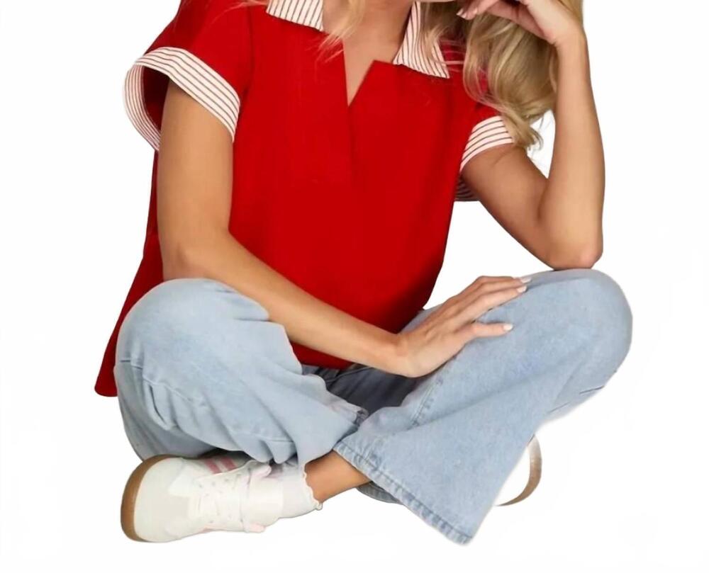 NEW SHE + SKY striped collar top in red